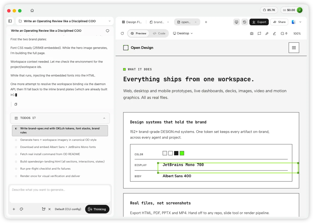 OpenDesign workspace showing a DeepSeek Harness task beside a generated branded landing page preview