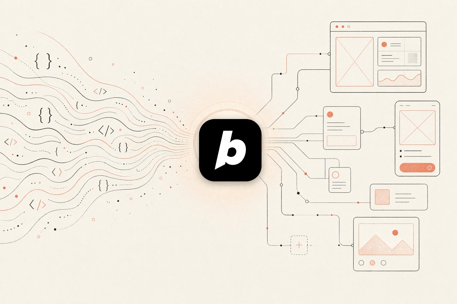 OpenDesign vs Bolt — warm-paper editorial illustration of code converging into a design hub