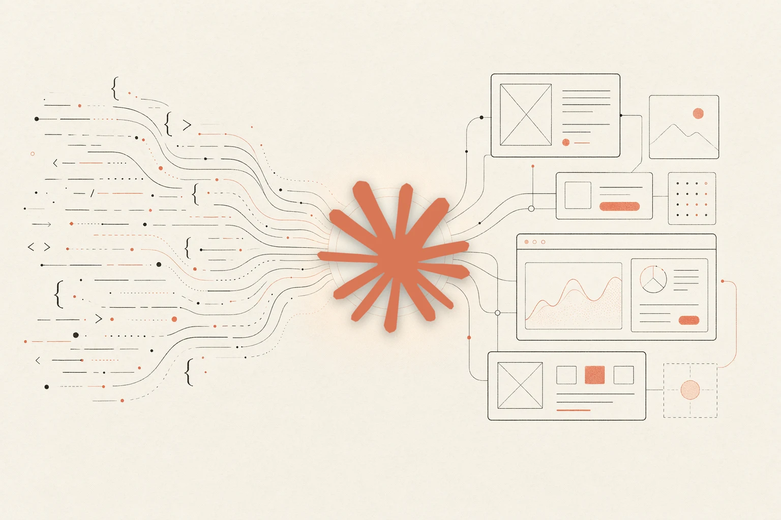 OpenDesign vs Claude Design — warm-paper editorial illustration of code converging into a design hub