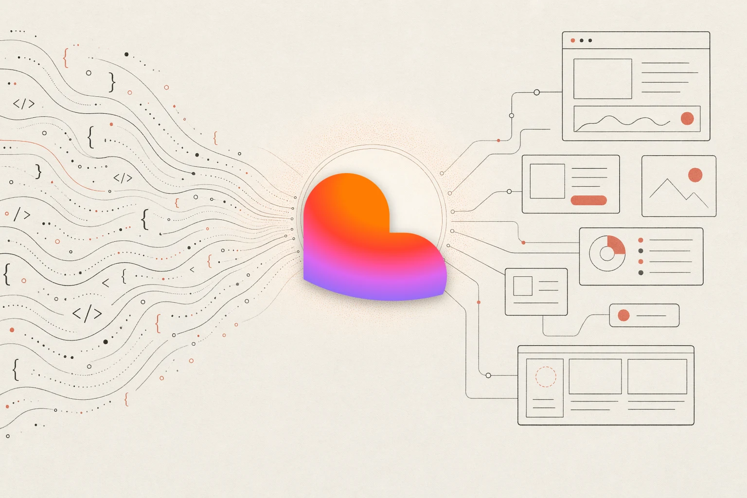 OpenDesign vs Lovable — warm-paper editorial illustration of code converging into a design hub
