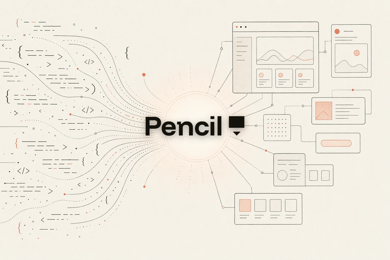 OpenDesign vs Pencil.dev — redaktionelle Illustration auf warmem Papier eines Design-Canvas, der in ein Repo aus Dateien konvergiert, die dir gehören