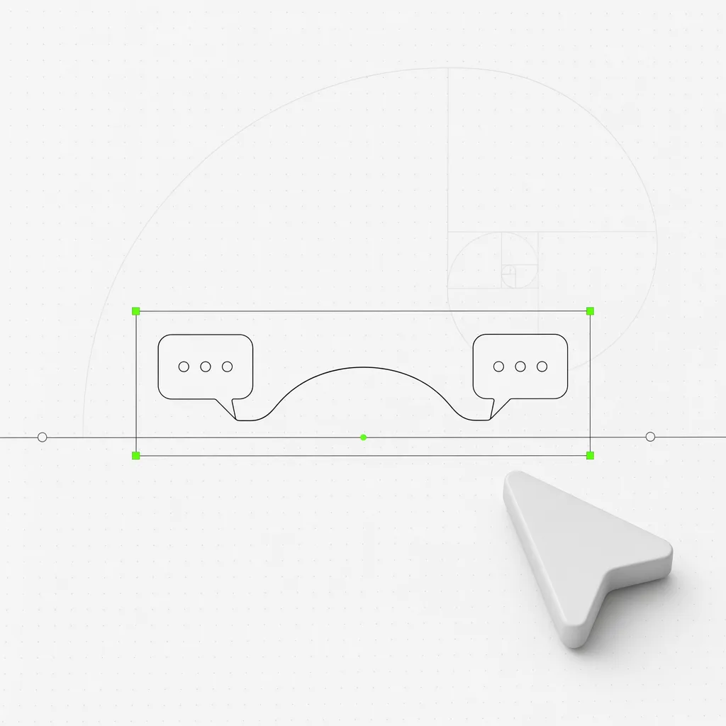 Dois balões de conversa conectados por um fio ininterrupto que forma um arco sobre uma lacuna na linha do tempo, o fio reconectado emoldurado dentro de uma caixa de seleção verde sobre um fundo editorial quase branco