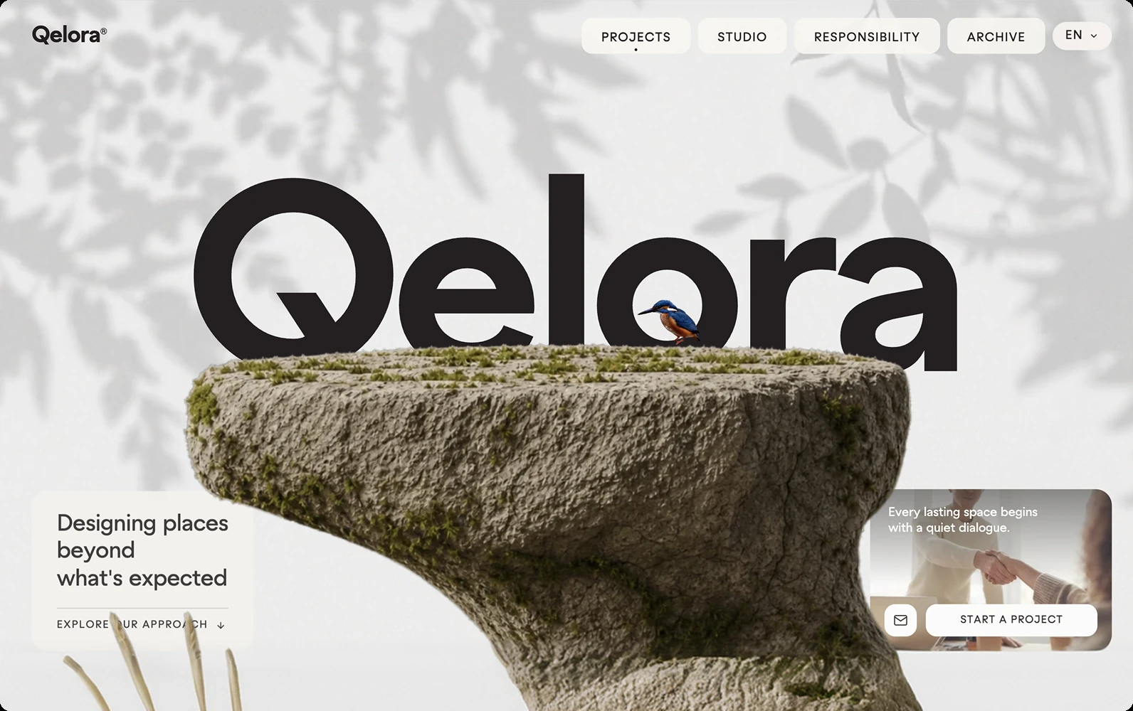Real responsive landing page generated with OpenDesign, showing the Qelora project homepage