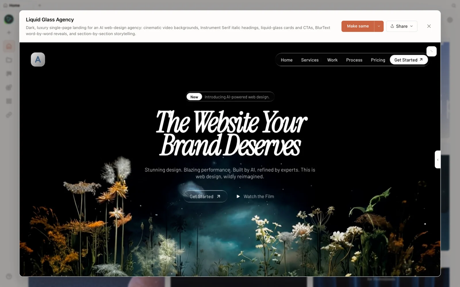 A generated landing page previewed in OpenDesign.